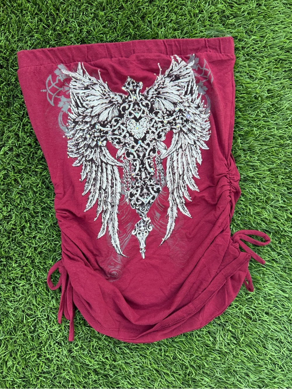 Women’s Strapless Ruched Tube Top with Winged Cross Graphic - Burgundy